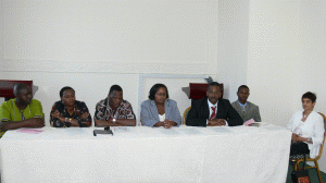 Gathuru Mburu (ABN) Jennifer Koinante (IPACC), Bern Guri (COMPAS), Anne Maina (ABN) Million Belay (MELCA) Simom Mwamba (ESAFF) and Mariam Mayet (ACB)